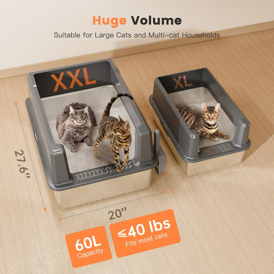 Woofigo XXL Stainless Steel Cat Litter Box with 14" High Sided Enclosure 27.8" L X 20" W X 14" H Extra Large for Big Cats & Multiple Cats Anti-Urine Leakage Easy Clean