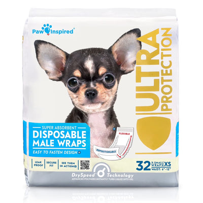 Paw Inspired Disposable Dog Wraps | Male Dog Diapers Ultra Protection | Belly Band for Male Dogs | Excitable Urination, Incontinence, or Male Marking (32 Count, Large)
