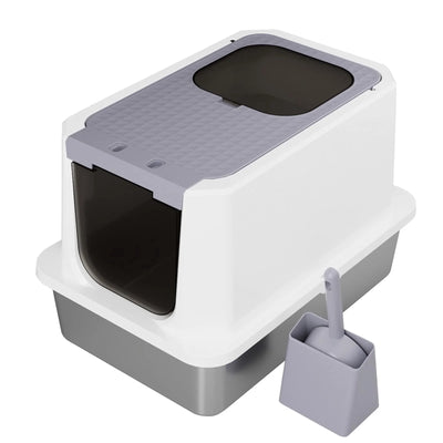 RIZZARI Enclosed Cat Litter Box: Large Top & Front Entry - High-Sided Anti-Scatter Design - Stainless Steel Odor Control - Easy Clean Teflon Non-Stick Coating- Gray Litter Pan - Entryway/Closet Nook