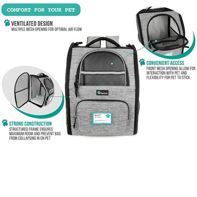Petami Dog Backpack Carrier for Small Large Cat, Pet, Puppies, Ventilated Pet Hiking Backpack Travel Bag, Airline Approved Cat Backpack Carrier, Safety Back Support, Camping Biking Dog Bag, Grey