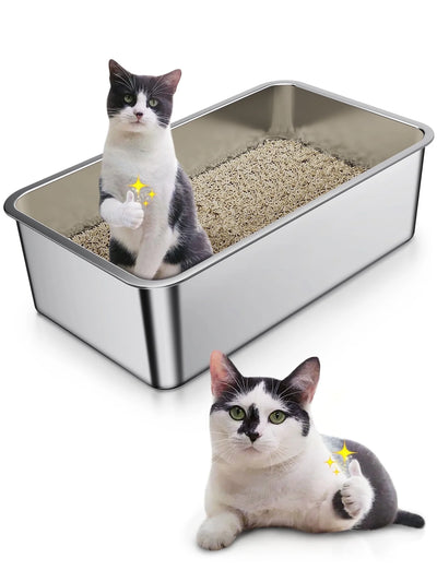 Stainless Steel Cat Litter Box, Bug Hull High Sided Metal Pan, Odor Control, Easy to Clean, 23.4" X 15.6" X 6"