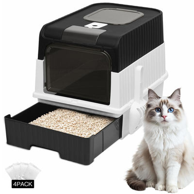 PHANCIR Cat Litter Box Slide-Out Drawer, Fully Enclosed Cat Potty, with Scoop & 4 Pack Odor-Eliminating Bags, Anti-Splashing, Easy to Clean for Bedroom/Living Room