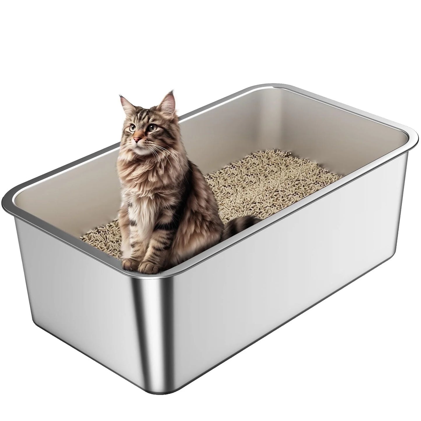 Stainless Steel Cat Litter Box, Bug Hull High Sided Metal Pan, Odor Control, Easy to Clean, 23.4" X 15.6" X 6"