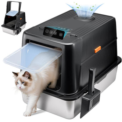 TOPYANGS Stainless Steel Cat Litter Box with Lid Extra-Large Metal Enclosed Cat Litter Box Flip-Top Design with Leak-Proof High Sides Plug-In Deodorizing Model the Perfect Gift for Large Cat Lovers Non-Stick Bottom Big Cat