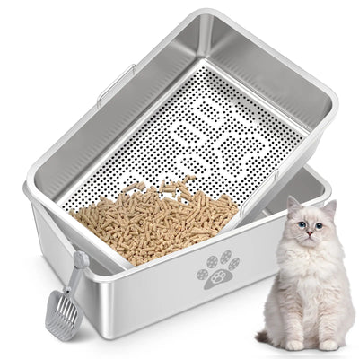 Ptlom Stainless Steel Sifting Litter Box,Sifting Cat Litter Box for Wood Pine Pellets,Odor Control,Easy to Clean,Sifter System,Scoop Tray Pet Supplies