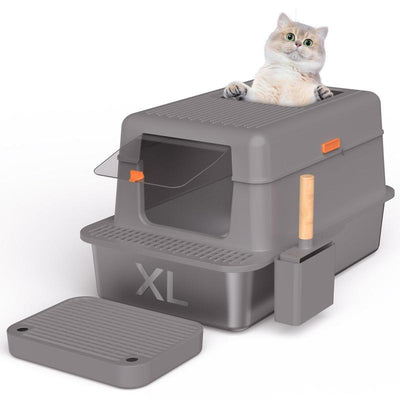 Stainless Steel Litter Box with Lid, Extra Large Cat Litter Box Xl,Top Entry & High Sided & Enclosed Litter Box with Scoop and Filter Pedal for Kitty, Big Cats, Anti-Leakage, Easy Cleaning, Non-Sticky
