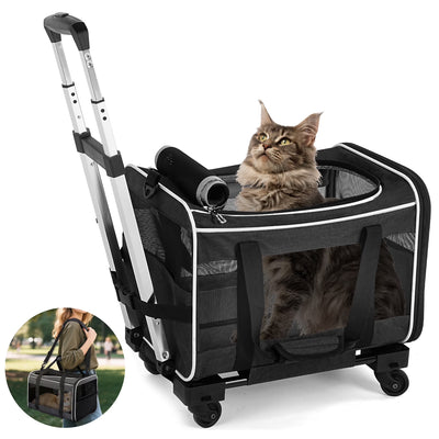 WFUN Rolling Pet Carrier with Wheels for Small Medium Dogs & Cats up to 20Lb for Travel Flight Camping Outdoor,Black