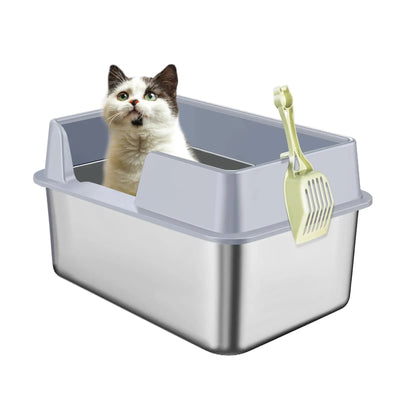 Large Stainless Steel Cat Litter Box with Lid, Litter Box with Scoop, High Wall Sides Enclosure, Non-Sticky, Easy Clean and Anti-Leakage