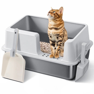 Upgraded Extra Large Stainless Steel Cat Litter Box, DOMIPET Metal Litter Pan with Lid, 2X Scoop, High Sided, Leak-Proof & Easy Cleaning