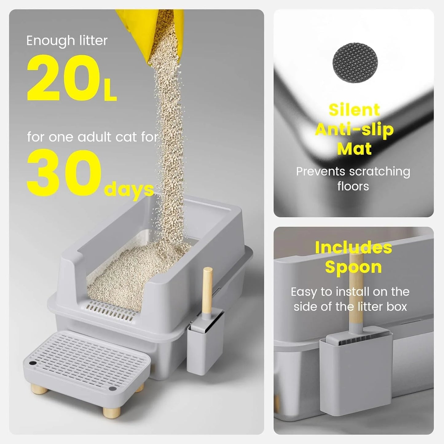 Gogcaro Enclosed Stainless Steel Cat Litter Box with Lid Extra Large Litter Box for Big Cats XL Metal Litter Pan Tray with High Wall Sides Enclosure, Non-Sticky, Anti-Leakage, Easy Cleaning