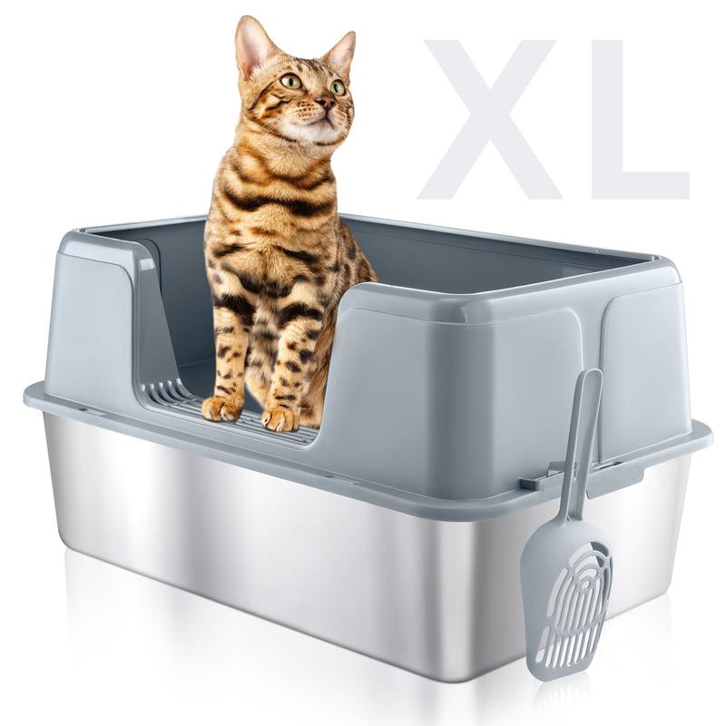 Wecharmer 39L Large Cat Litter Box with High Sides, Open Top, Includes Scoop, 23.6 X 15.8 X 12 Inches Clean