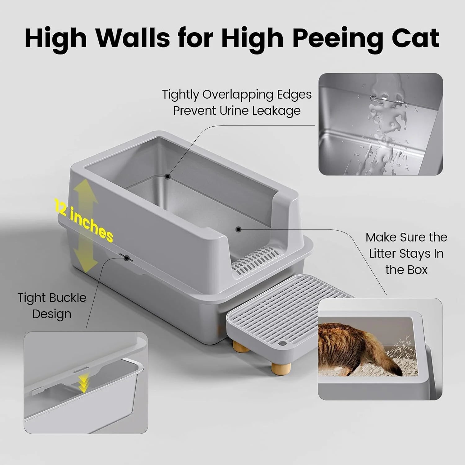 Gogcaro Enclosed Stainless Steel Cat Litter Box with Lid Extra Large Litter Box for Big Cats XL Metal Litter Pan Tray with High Wall Sides Enclosure, Non-Sticky, Anti-Leakage, Easy Cleaning