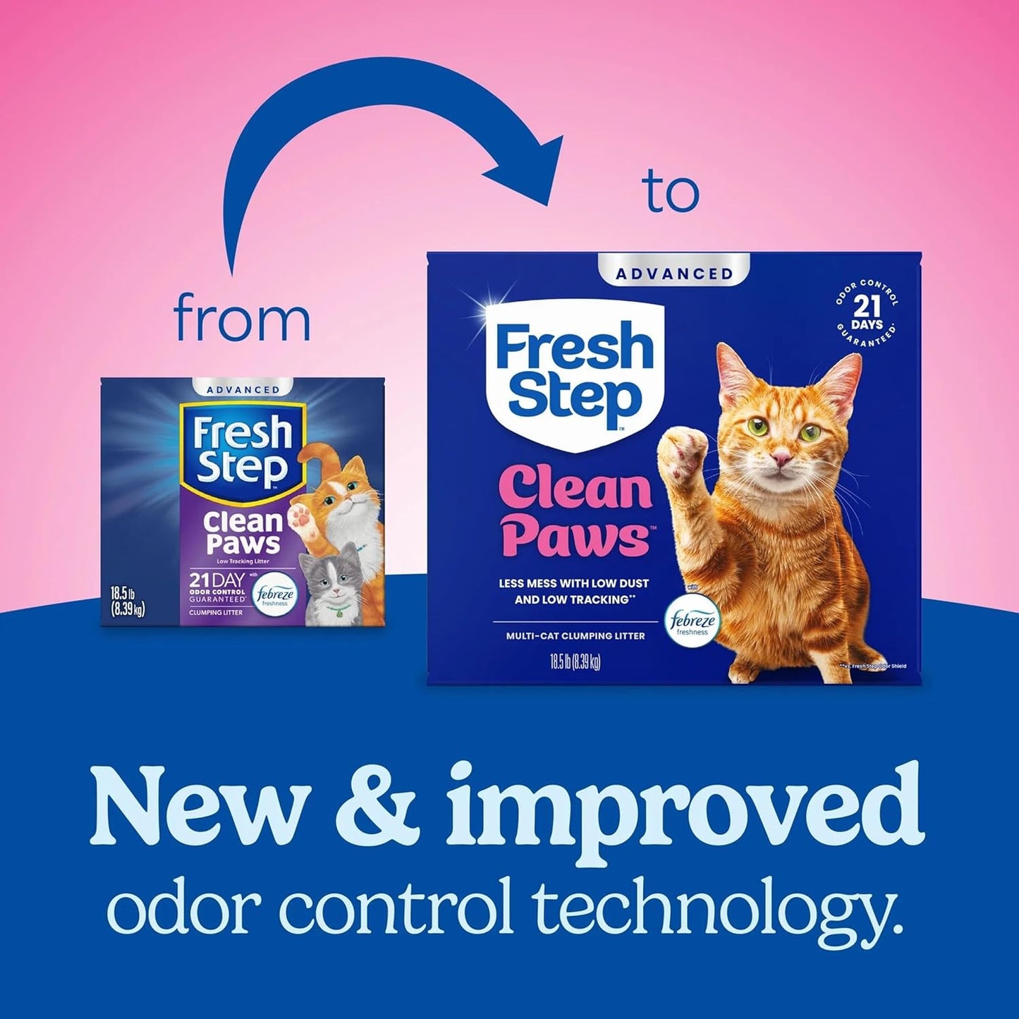 Fresh Step Clean Paws Advanced Multi Cat Clumping Litter with Febreze Freshness, 18.5 Lb Each, Pack of 2 (Package May Vary)