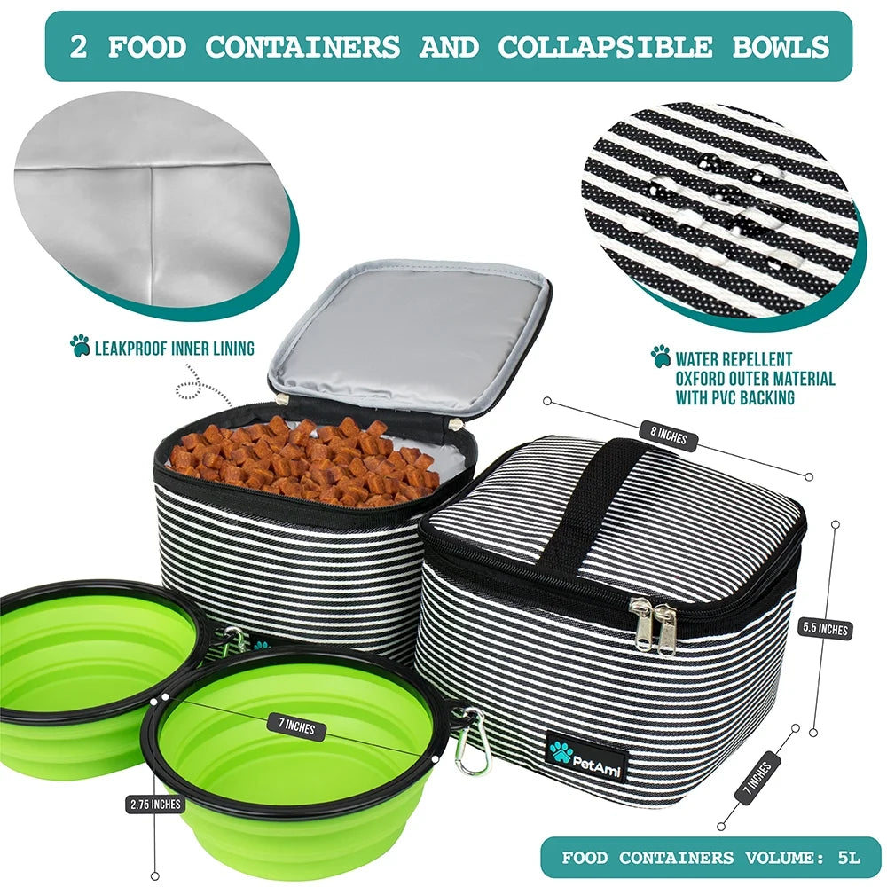 Petami Dog Travel Bag, Travel Pet Bag Organizer, Dog Food Travel Bag with Food Container and Bowls, Dog Travel Supplies Gift Accessories for Weekend Camping, Dog Cat Diaper Bag (Stripe Black, Large)