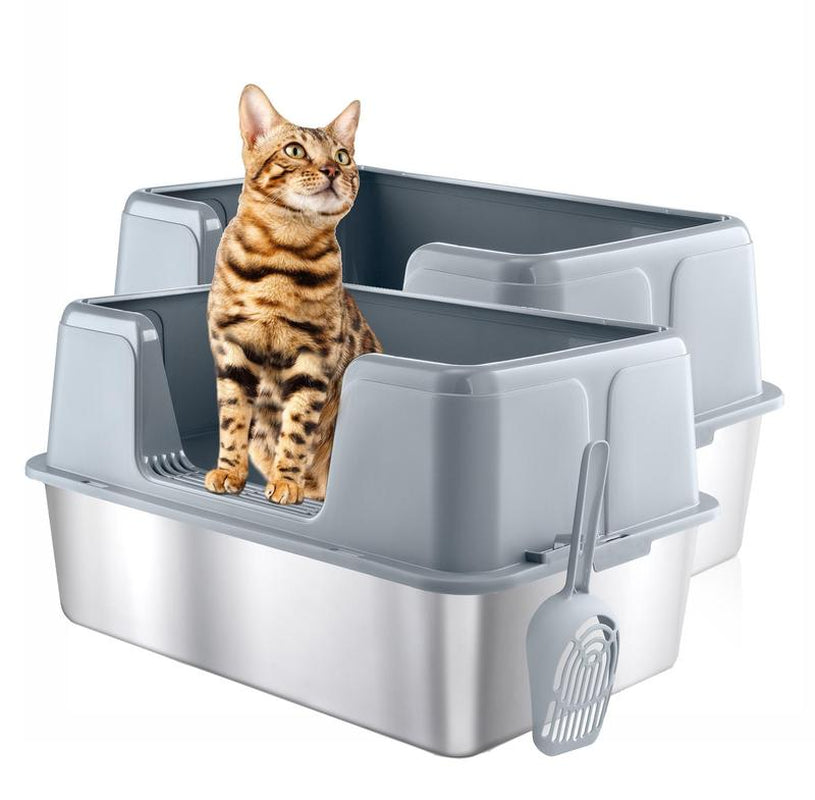 Wecharmer 39L Large Cat Litter Box with High Sides, Open Top, Includes Scoop, 23.6 X 15.8 X 12 Inches Clean
