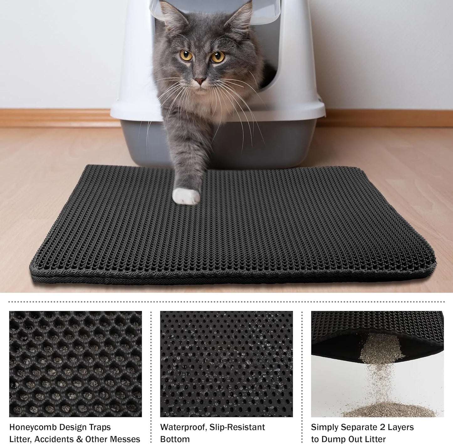 BN-LINK 17" X 23" Cat Litter Mat Trapping Match, Honeycomb Double Layer Design, Urine-Proof and Water Proof, Scatter Control, Easier to Clean & Washable(Black)