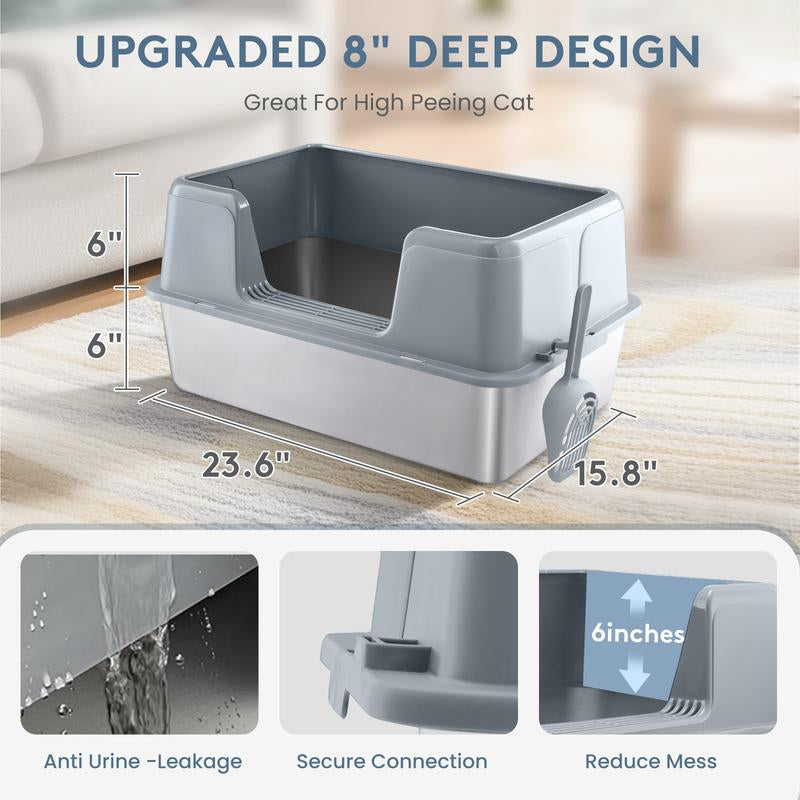 Wecharmer 39L Large Cat Litter Box with High Sides, Open Top, Includes Scoop, 23.6 X 15.8 X 12 Inches Clean
