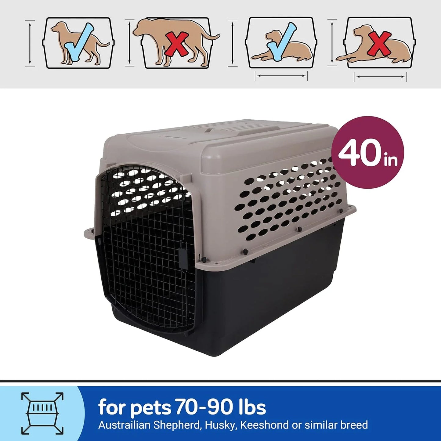 Vibrant Life Pet Portable Kennel for Dogs, Hard-Sided Travel Carrier, Durable, Metal Door, Black & Grey, for Pets 70-90 Lbs, 40" L X 27" W X 30" H