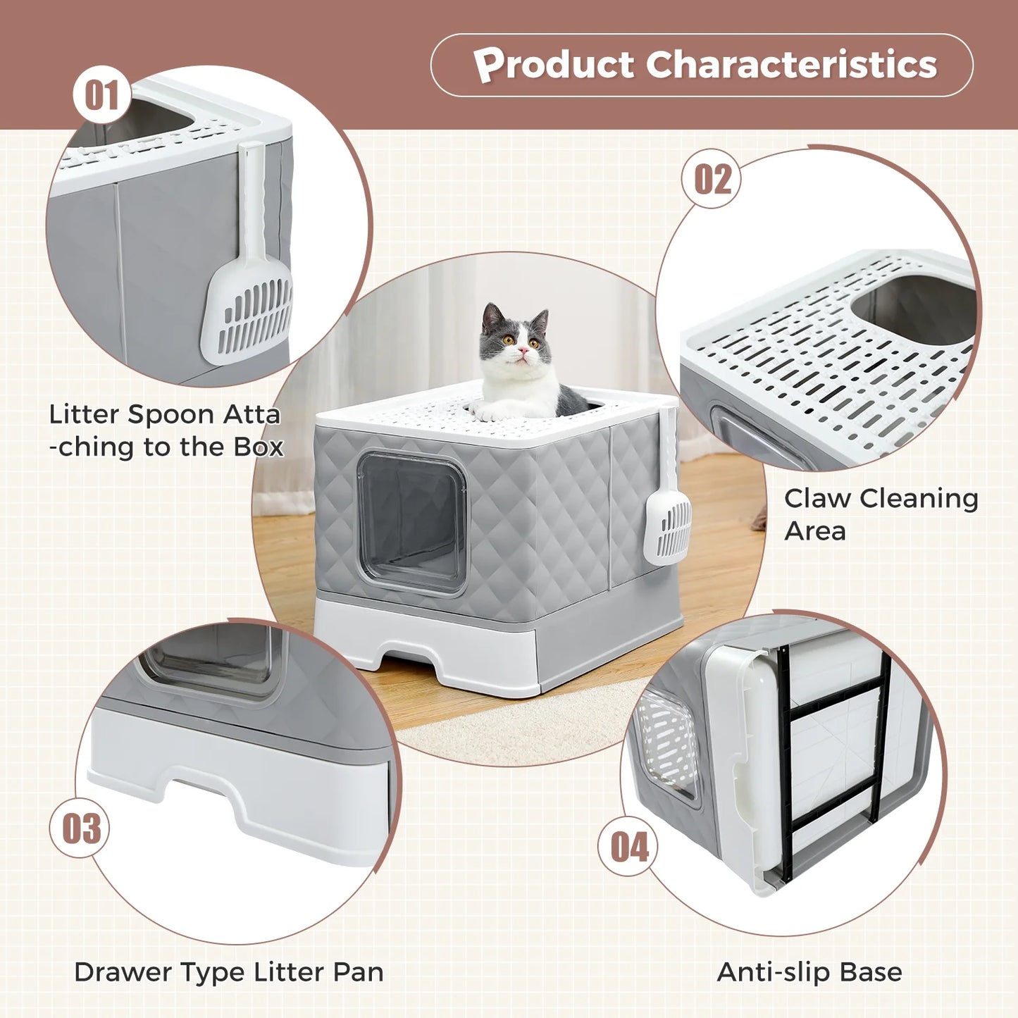 PAWZ Road Enclosed Cat Litter Box Large with Lid Drawer Type Easy to Clean,Gray