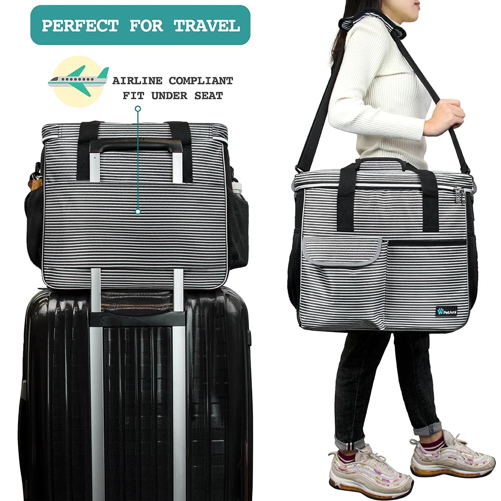 Petami Dog Travel Bag, Travel Pet Bag Organizer, Dog Food Travel Bag with Food Container and Bowls, Dog Travel Supplies Gift Accessories for Weekend Camping, Dog Cat Diaper Bag (Stripe Black, Large)