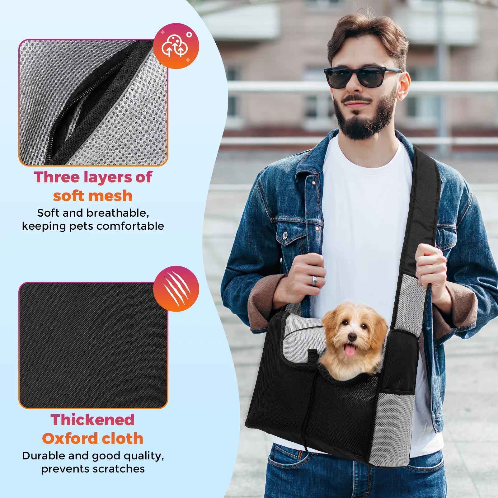 BEBANG Dog Sling Carrier, Hand Free Dog Bag with Adjustable Strap, Breathable Mesh Bag for Small Dog Cat