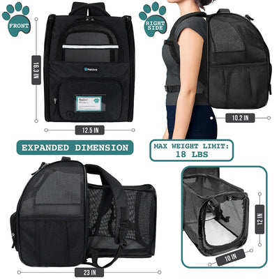 Petami Pet Backpack Carrier for Dog Cat, Expandable Cat Carrier Backpack for Travel Hiking, Airline Approved Cat Backpacks for Small Medium Dog Puppy Large Cat, Extended Dog Cat Carrier, Black