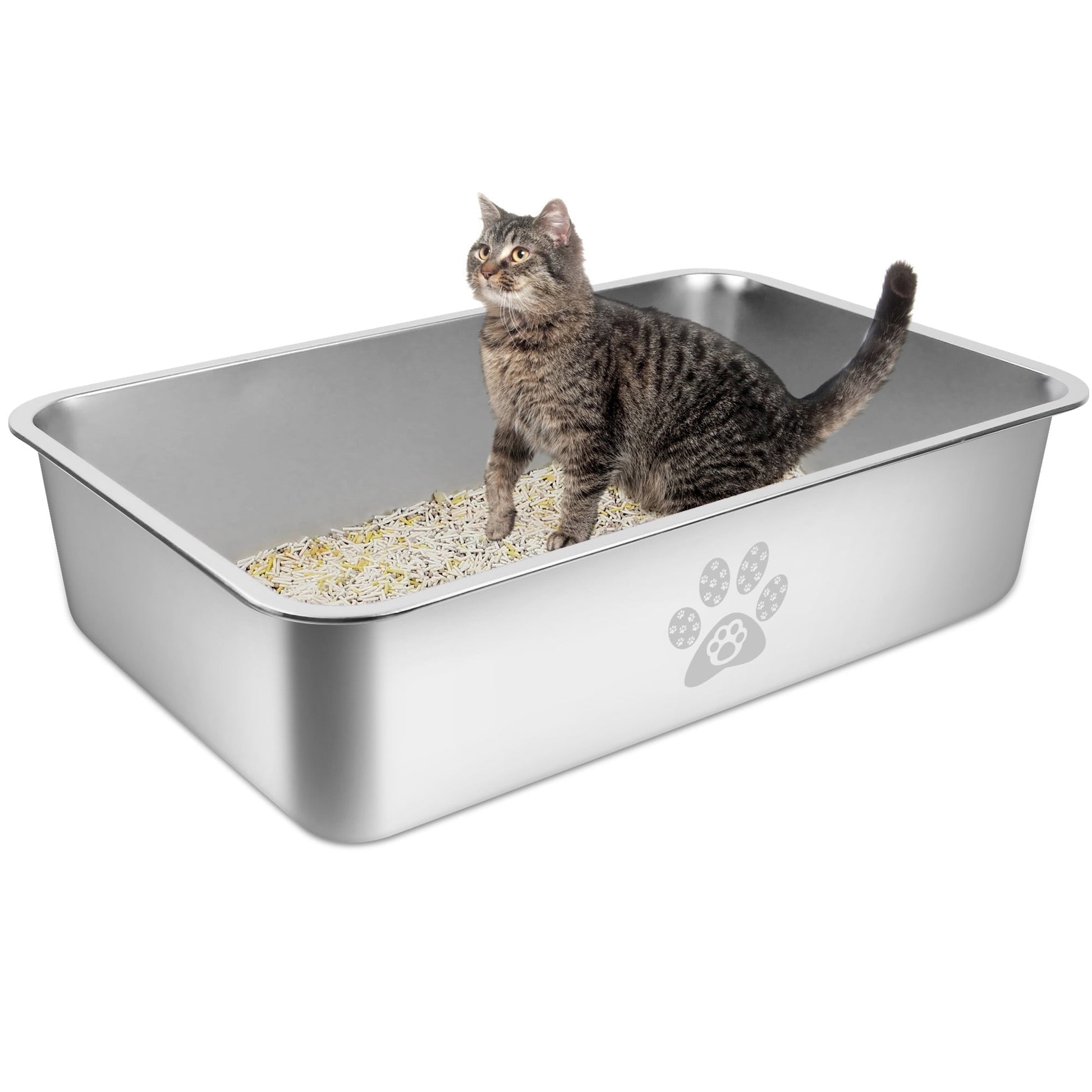Ptlom Cat Litter Box with High Sides Large Stainless Steel Cat Litter Pan 23.6" X 15.7" X 7.9"