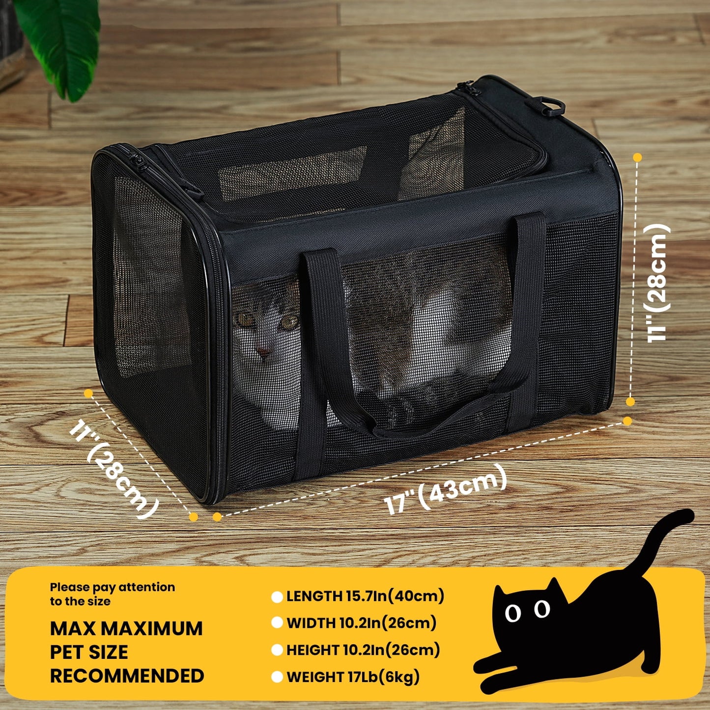 Conlun Cat Carrier,Soft-Sided Cat Carriers with 4-Sided Mesh,Airline Approved Pet Transport Carrier,Collapsible Cat Travel Carrier-Black
