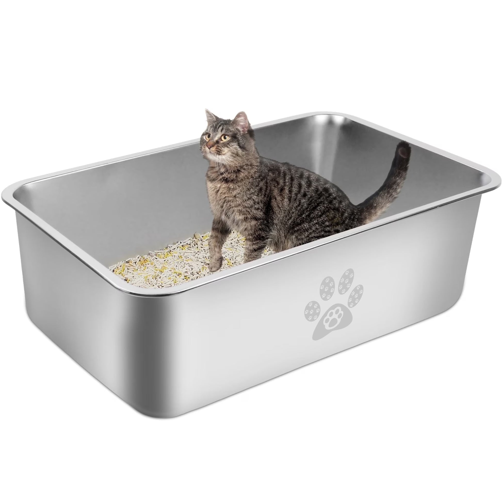 Ptlom Cat Litter Box with High Sides Large Stainless Steel Cat Litter Pan 23.6" X 15.7" X 7.9"
