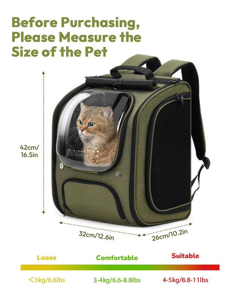 Pecute Cat Backpack Carrier Large Space Bubble Design for Travel Green Gray Khaki Ideal for Cat Lovers Animal Carrier