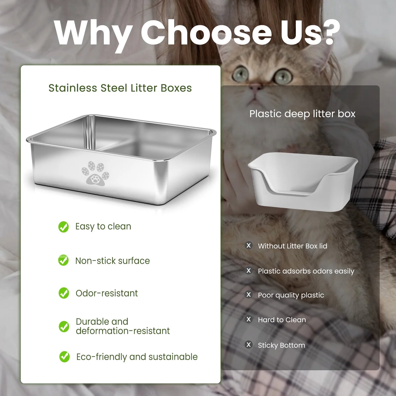 Ptlom Cat Litter Box with High Sides Large Stainless Steel Cat Litter Pan 23.6" X 15.7" X 7.9"