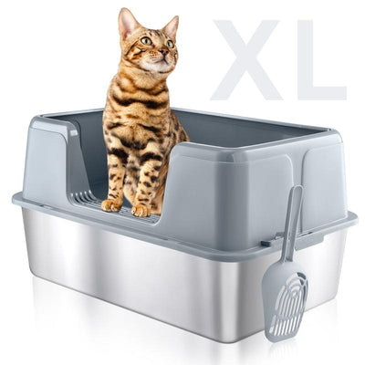 Wecharmer 39L Large Cat Litter Box with High Sides, Open Top, Includes Scoop, 23.6 X 15.8 X 12 Inches Clean