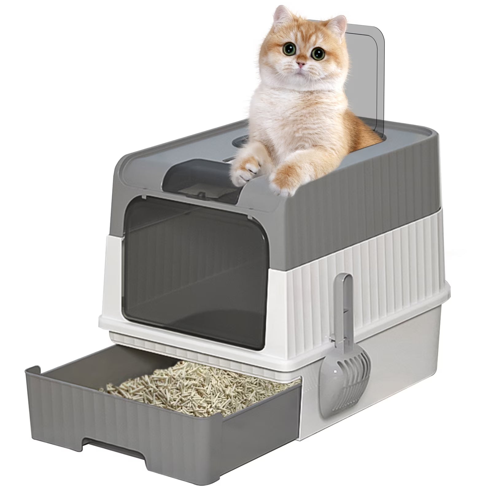 ATUPEN Enclosed Cat Litter Box with Lid, Large Litter Scoop High Wall Sides Enclosure(Grey)