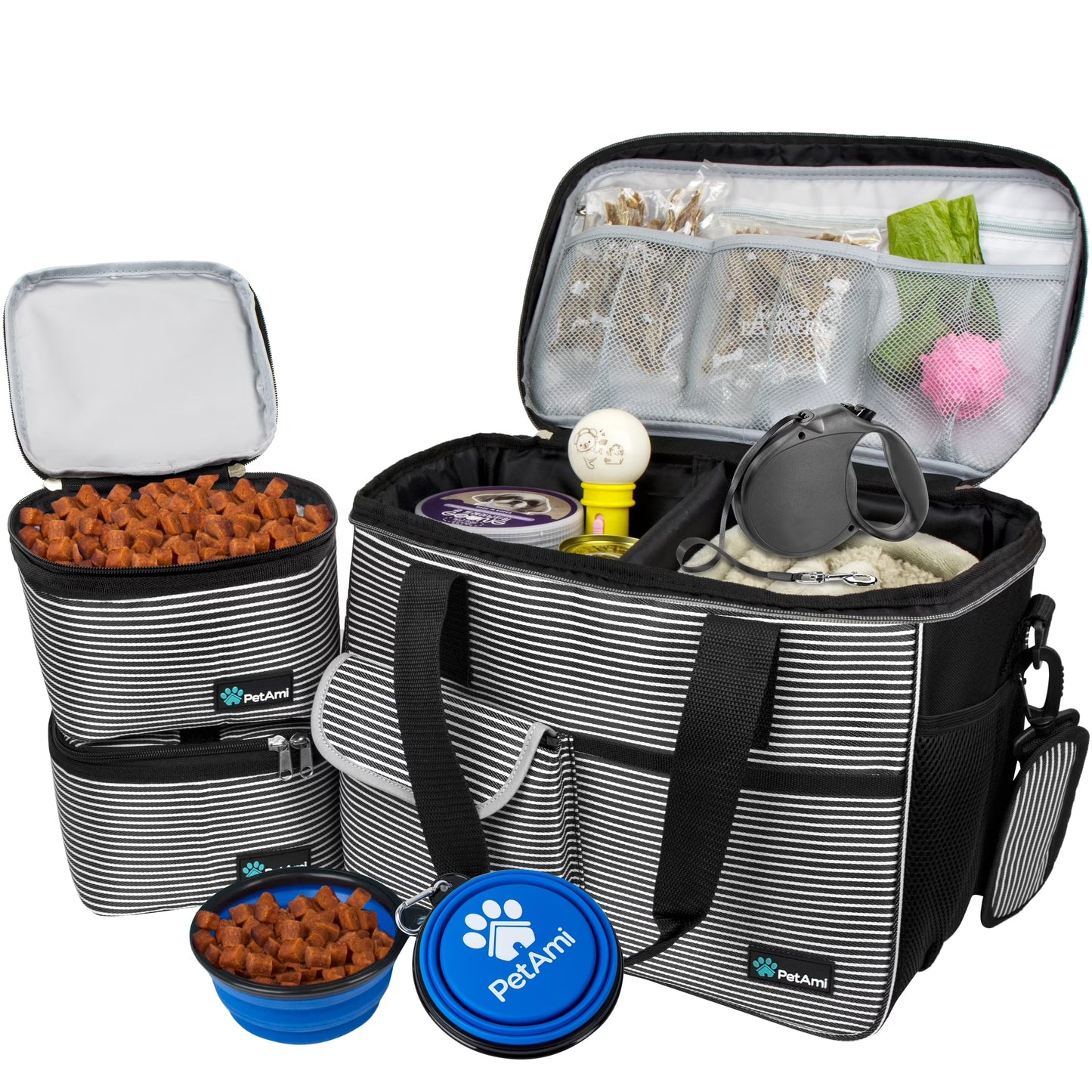 Petami Dog Travel Bag, Travel Pet Bag Organizer, Dog Food Travel Bag with Food Container and Bowls, Dog Travel Supplies Gift Accessories for Weekend Camping, Dog Cat Diaper Bag (Stripe Black, Large)