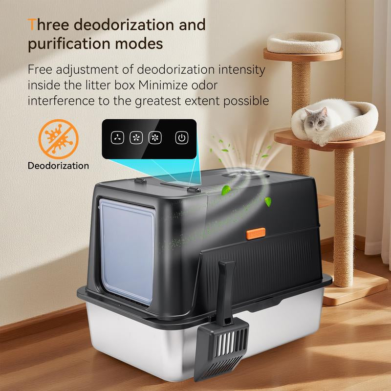 TOPYANGS Stainless Steel Cat Litter Box with Lid Extra-Large Metal Enclosed Cat Litter Box Flip-Top Design with Leak-Proof High Sides Plug-In Deodorizing Model the Perfect Gift for Large Cat Lovers Non-Stick Bottom Big Cat