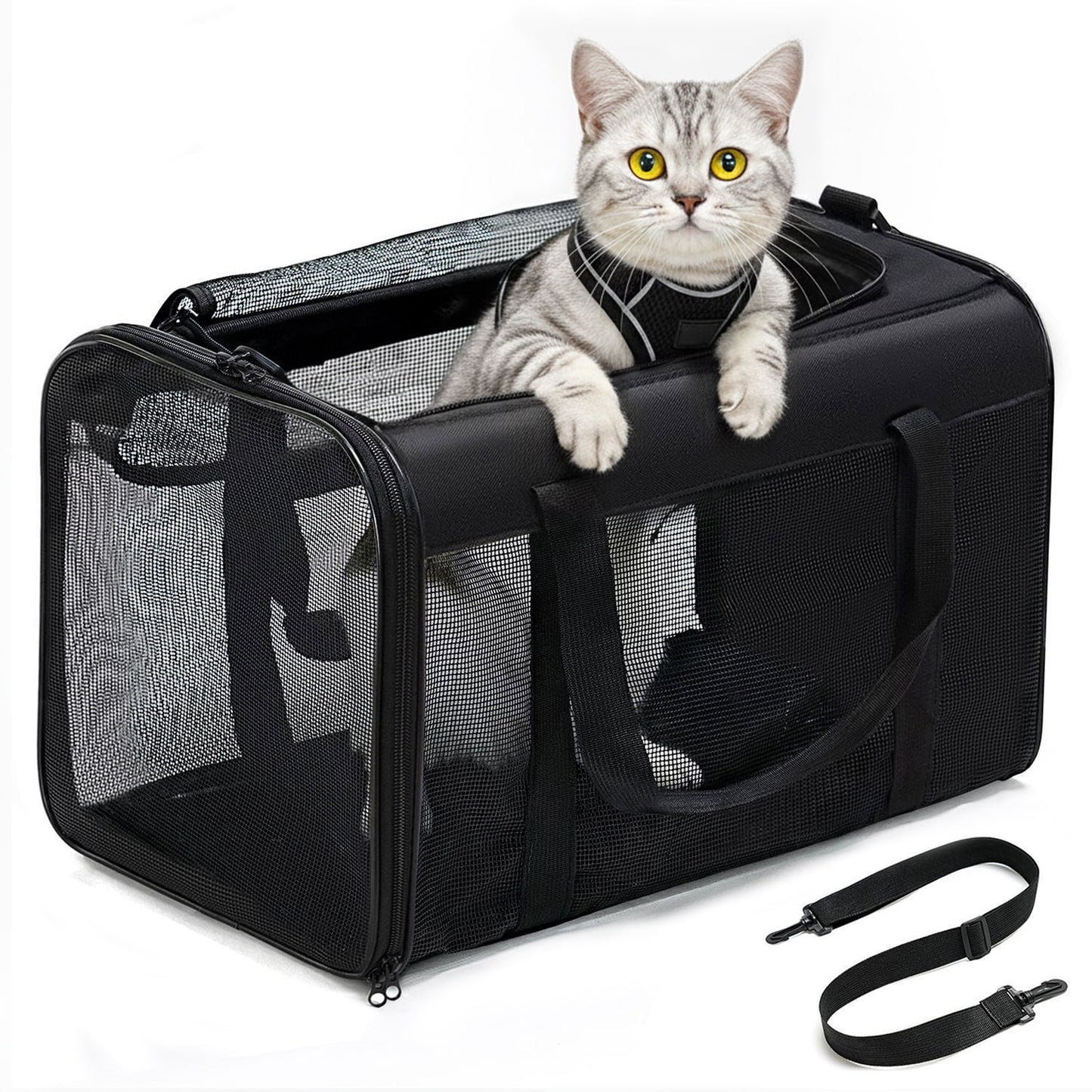 Conlun Cat Carrier,Soft-Sided Cat Carriers with 4-Sided Mesh,Airline Approved Pet Transport Carrier,Collapsible Cat Travel Carrier-Black