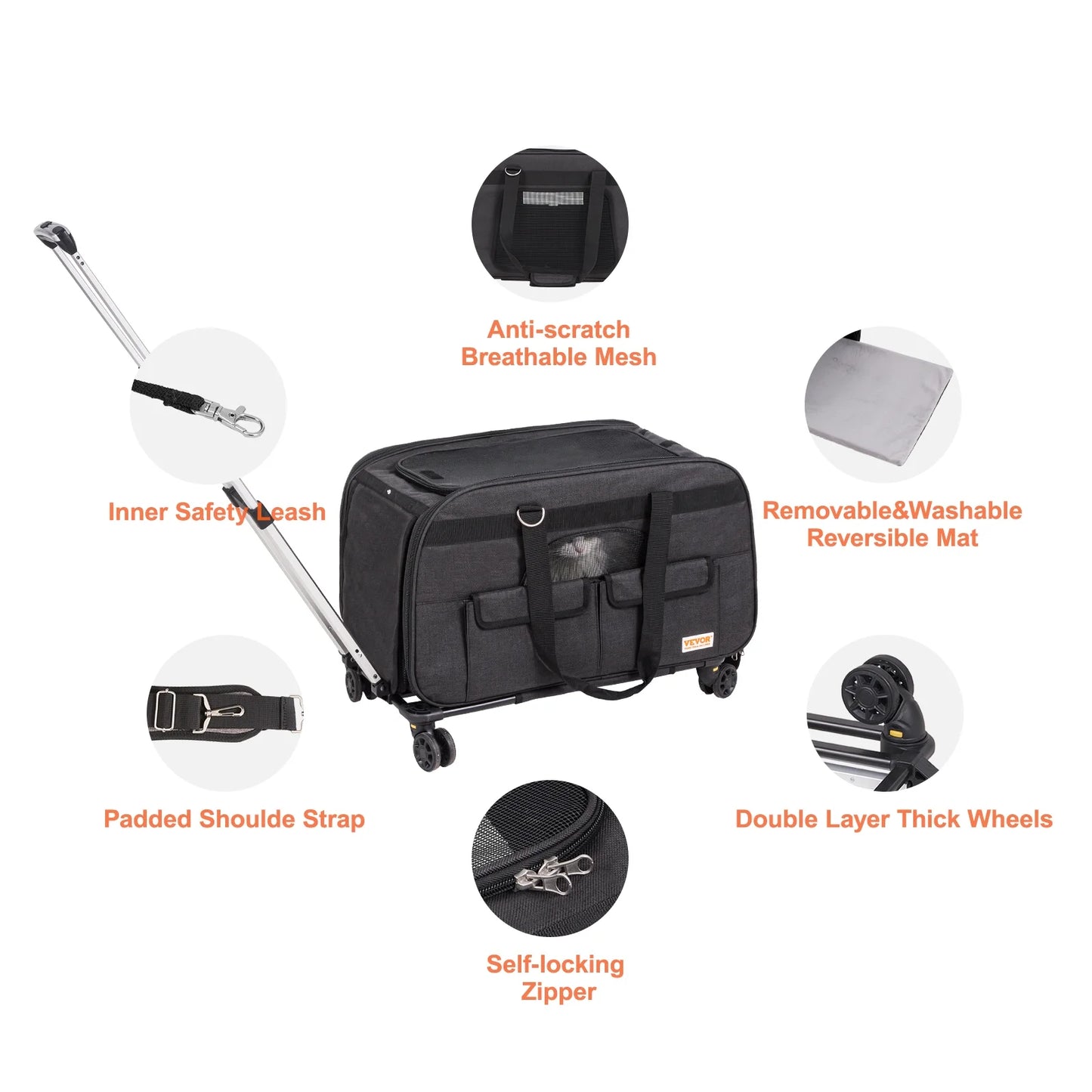 VEVOR Cat Carrier with Wheels, Rolling Pet Carrier with Telescopic Handle and Shoulder Strap, Dog Carrier with Wheels for Pets under 35 Lbs, with 1 Folding Bowl, Black