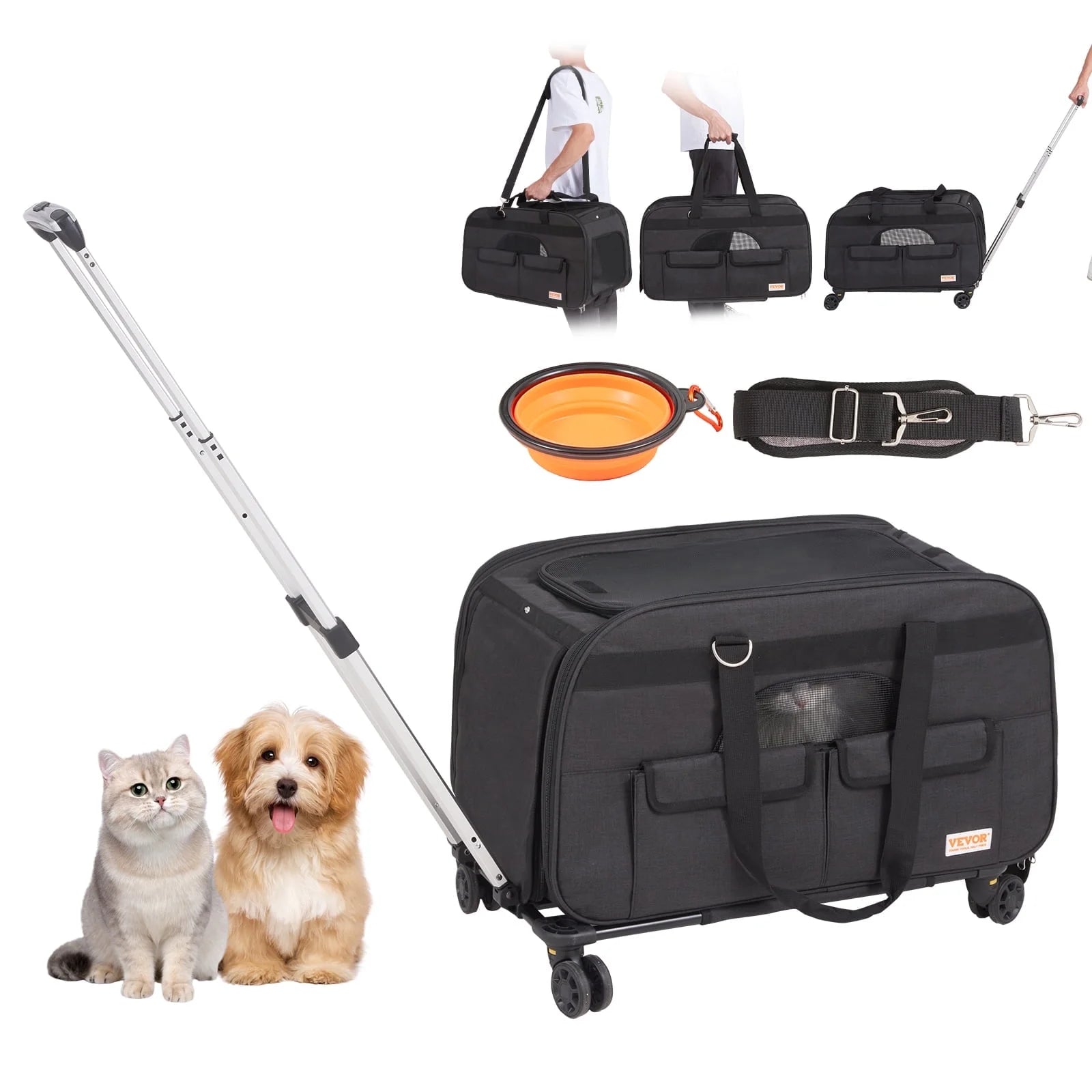 VEVOR Cat Carrier with Wheels, Rolling Pet Carrier with Telescopic Handle and Shoulder Strap, Dog Carrier with Wheels for Pets under 35 Lbs, with 1 Folding Bowl, Black
