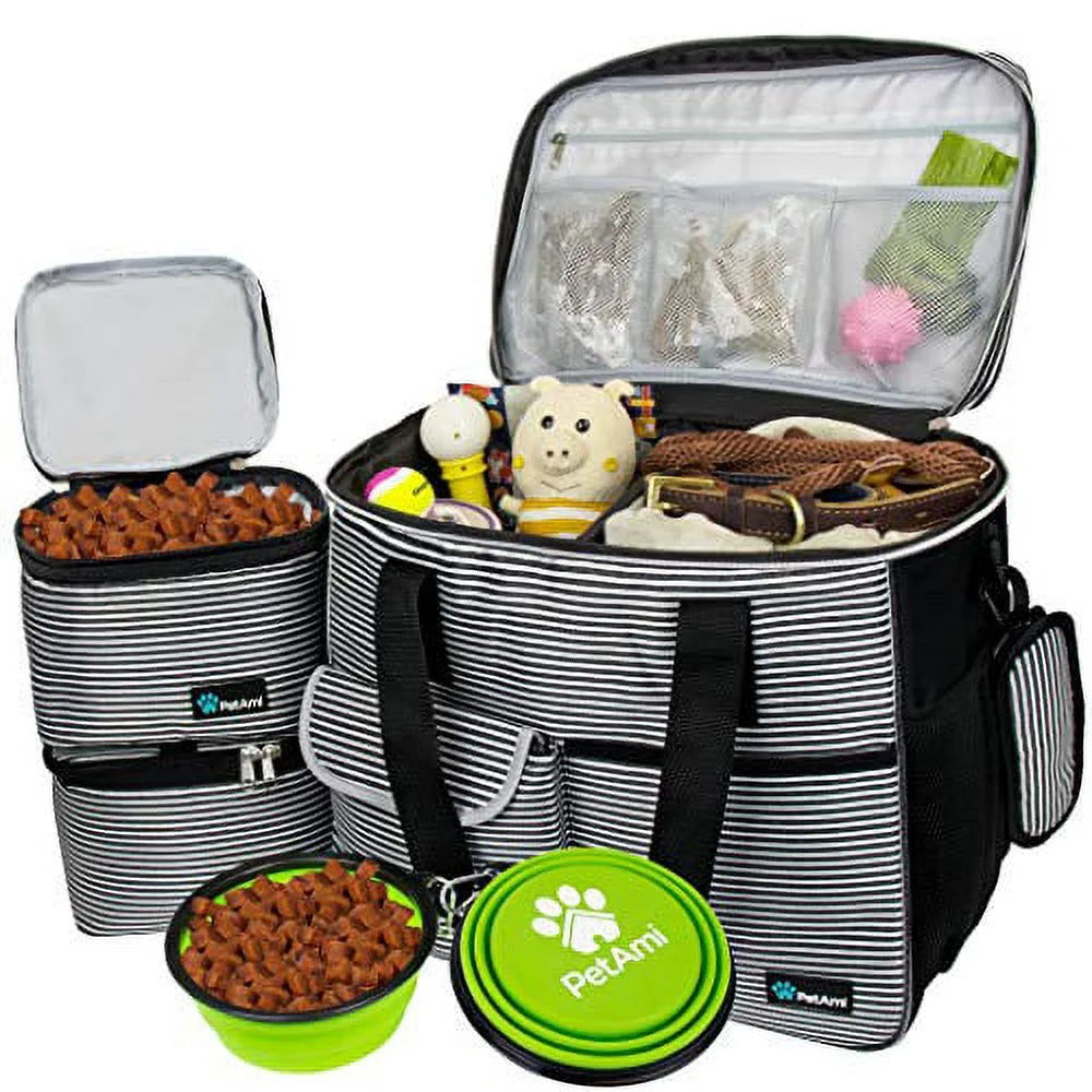 Petami Dog Travel Bag, Travel Pet Bag Organizer, Dog Food Travel Bag with Food Container and Bowls, Dog Travel Supplies Gift Accessories for Weekend Camping, Dog Cat Diaper Bag (Stripe Black, Large)