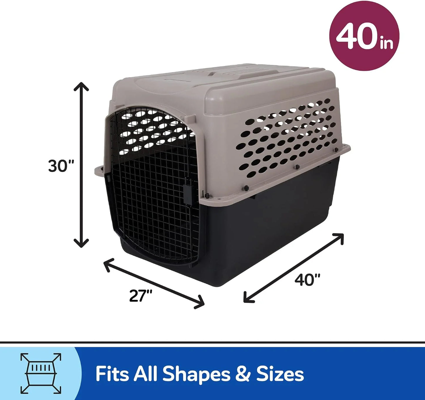 Vibrant Life Pet Portable Kennel for Dogs, Hard-Sided Travel Carrier, Durable, Metal Door, Black & Grey, for Pets 70-90 Lbs, 40" L X 27" W X 30" H