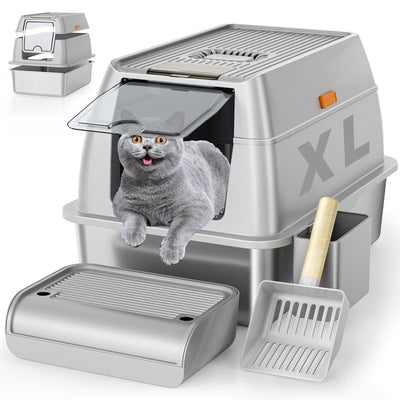 Stainless Steel Cat Litter Box with High Sided Enclosure & Scoop, XL Extra Large Litter Box for Big Cats, Enclosed Removable Metal Litter Box , Non-Sticky, Easy，Anti-Leakage，Cleaning (Grey)