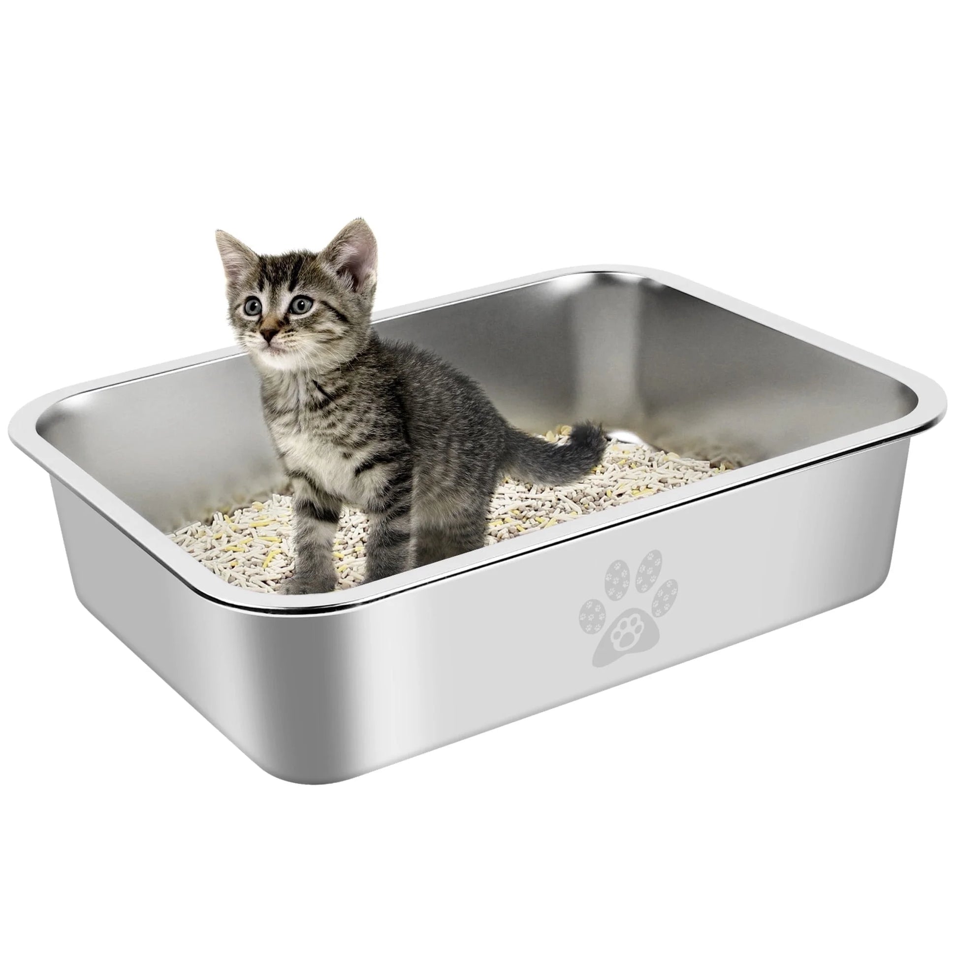 Ptlom Cat Litter Box with High Sides Large Stainless Steel Cat Litter Pan 23.6" X 15.7" X 7.9"