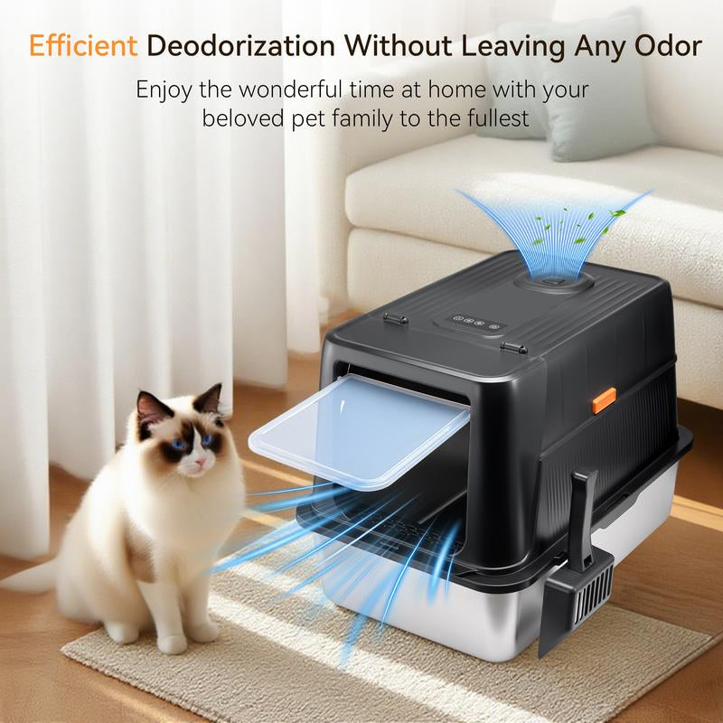 TOPYANGS Stainless Steel Cat Litter Box with Lid Extra-Large Metal Enclosed Cat Litter Box Flip-Top Design with Leak-Proof High Sides Plug-In Deodorizing Model the Perfect Gift for Large Cat Lovers Non-Stick Bottom Big Cat