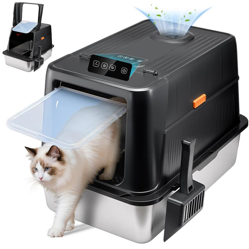 TOPYANGS Stainless Steel Cat Litter Box with Lid Extra-Large Metal Enclosed Cat Litter Box Flip-Top Design with Leak-Proof High Sides Plug-In Deodorizing Model the Perfect Gift for Large Cat Lovers Non-Stick Bottom Big Cat