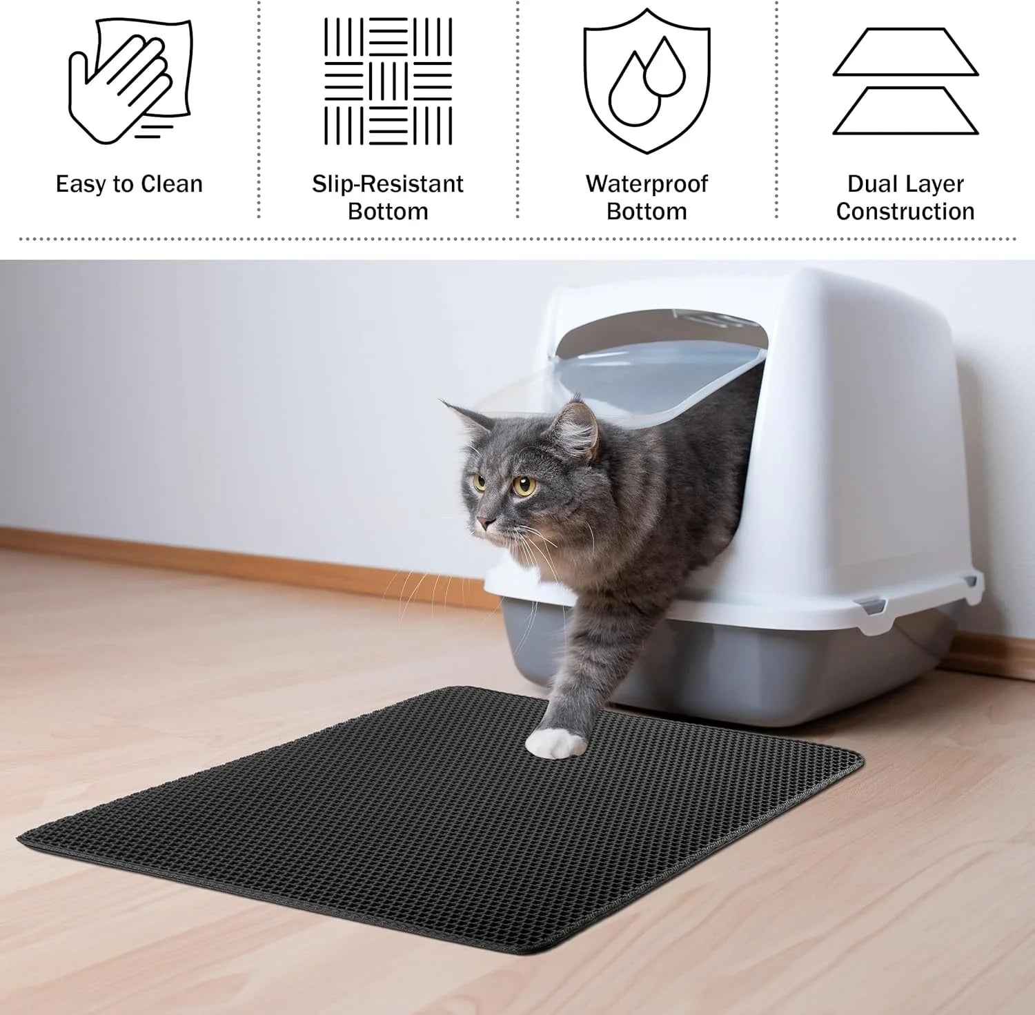 BN-LINK 17" X 23" Cat Litter Mat Trapping Match, Honeycomb Double Layer Design, Urine-Proof and Water Proof, Scatter Control, Easier to Clean & Washable(Black)