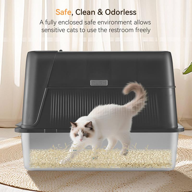 TOPYANGS Stainless Steel Cat Litter Box with Lid Extra-Large Metal Enclosed Cat Litter Box Flip-Top Design with Leak-Proof High Sides Plug-In Deodorizing Model the Perfect Gift for Large Cat Lovers Non-Stick Bottom Big Cat