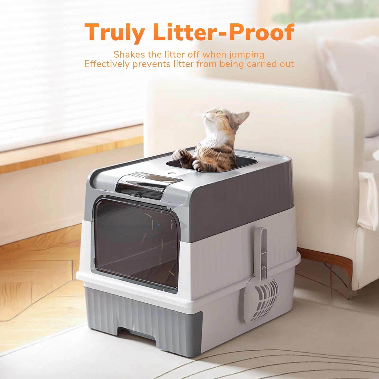 ATUPEN Enclosed Cat Litter Box with Lid, Large Litter Scoop High Wall Sides Enclosure(Grey)