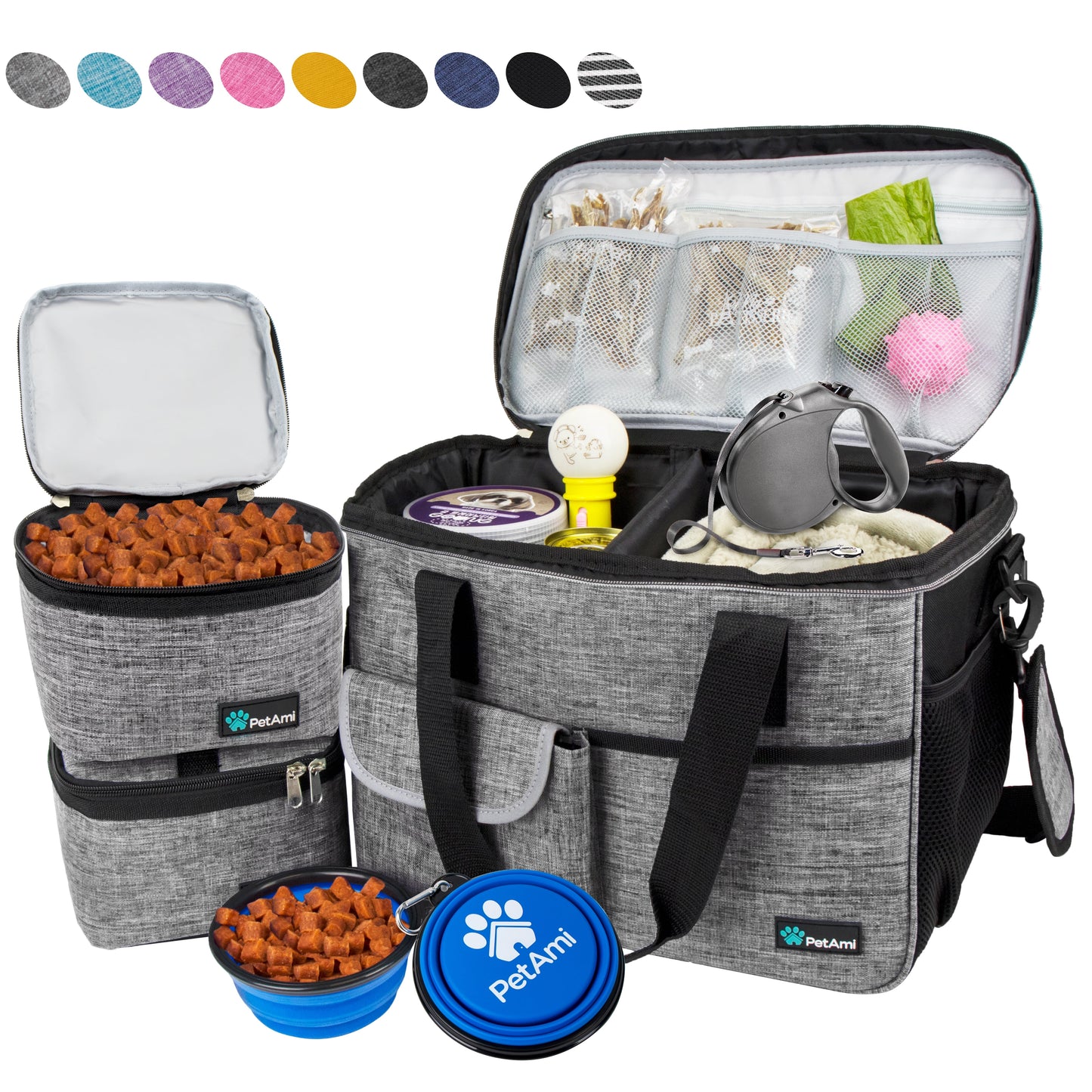 Petami Dog Travel Bag, Travel Pet Bag Organizer, Dog Food Travel Bag with Food Container and Bowls, Dog Travel Supplies Gift Accessories for Weekend Camping, Dog Cat Diaper Bag (Stripe Black, Large)