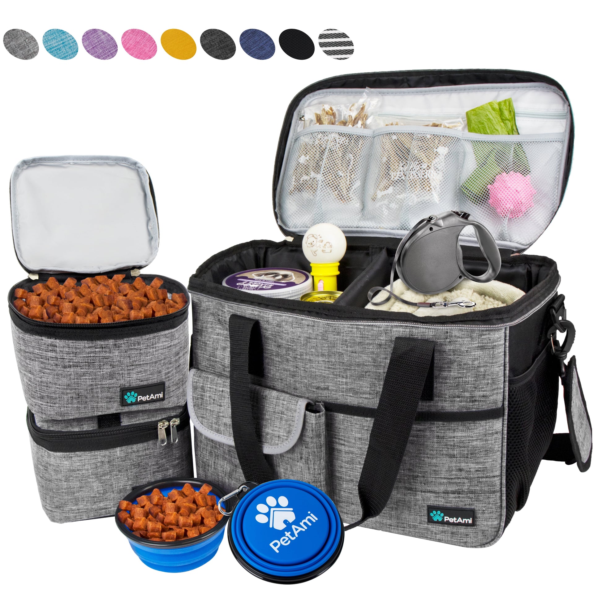 Petami Dog Travel Bag, Travel Pet Bag Organizer, Dog Food Travel Bag with Food Container and Bowls, Dog Travel Supplies Gift Accessories for Weekend Camping, Dog Cat Diaper Bag (Stripe Black, Large)