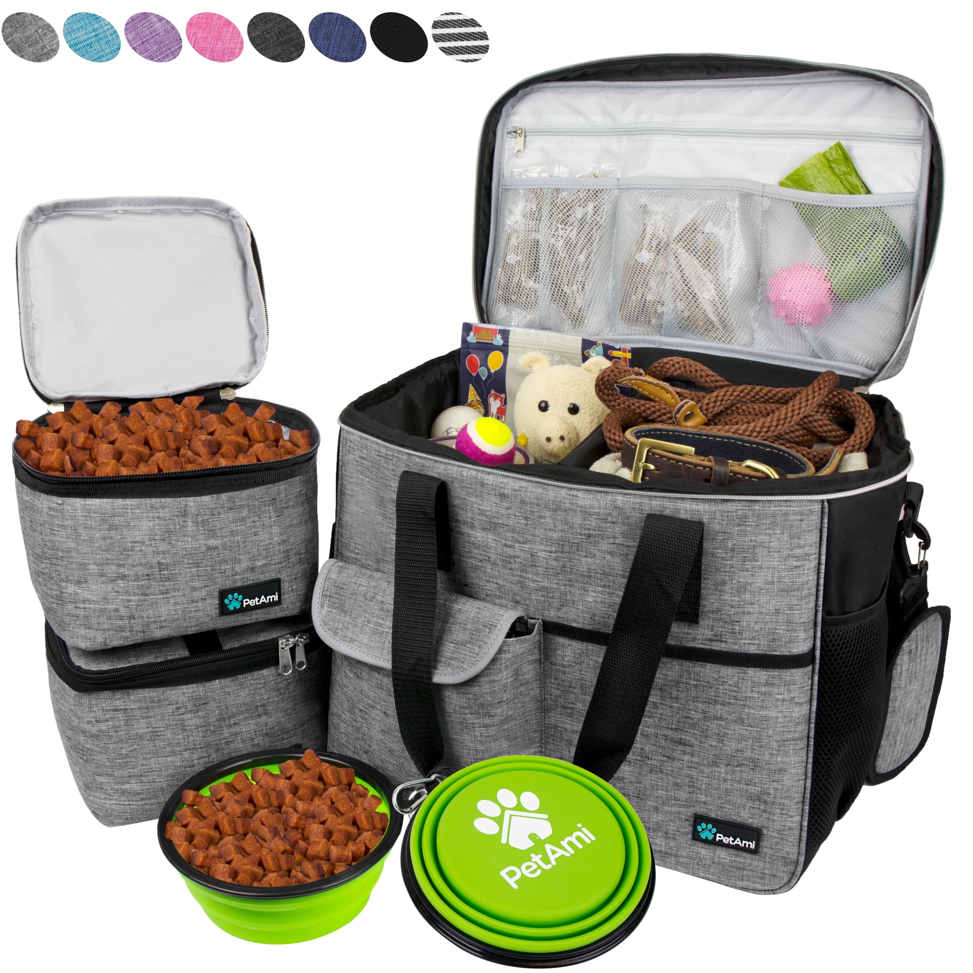 Petami Dog Travel Bag, Travel Pet Bag Organizer, Dog Food Travel Bag with Food Container and Bowls, Dog Travel Supplies Gift Accessories for Weekend Camping, Dog Cat Diaper Bag (Stripe Black, Large)
